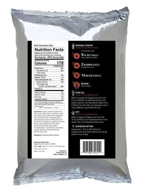 Cappuccine Dark Chocolate Chip Frappe Powder, 3 lb Bag - Java Estate Roastery